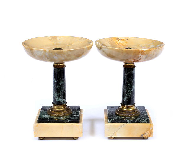 Appraisal: A PAIR OF TURNED MARBLE AND ORMOLU MOUNTED TAZZA each