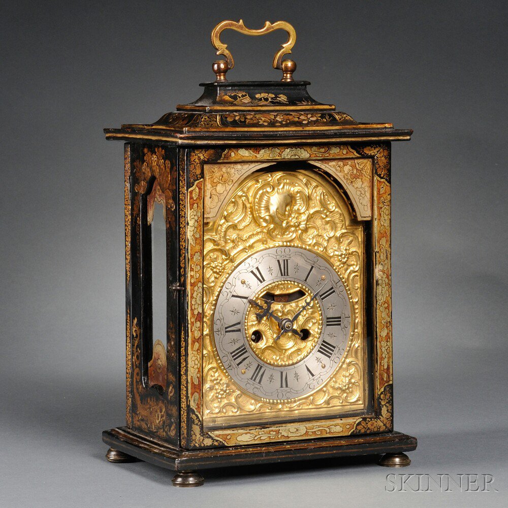 Appraisal: Miniature Continental Japanned Table Clock probably Germany c the case