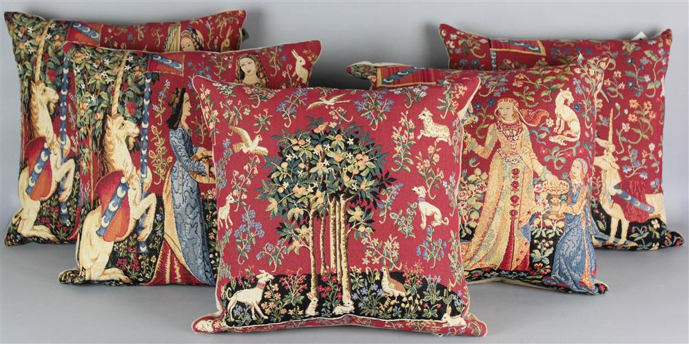 Appraisal: GROUP OF FIVE ASSORTED WOVEN TAPESTRY CUSHION COVERS IN THE