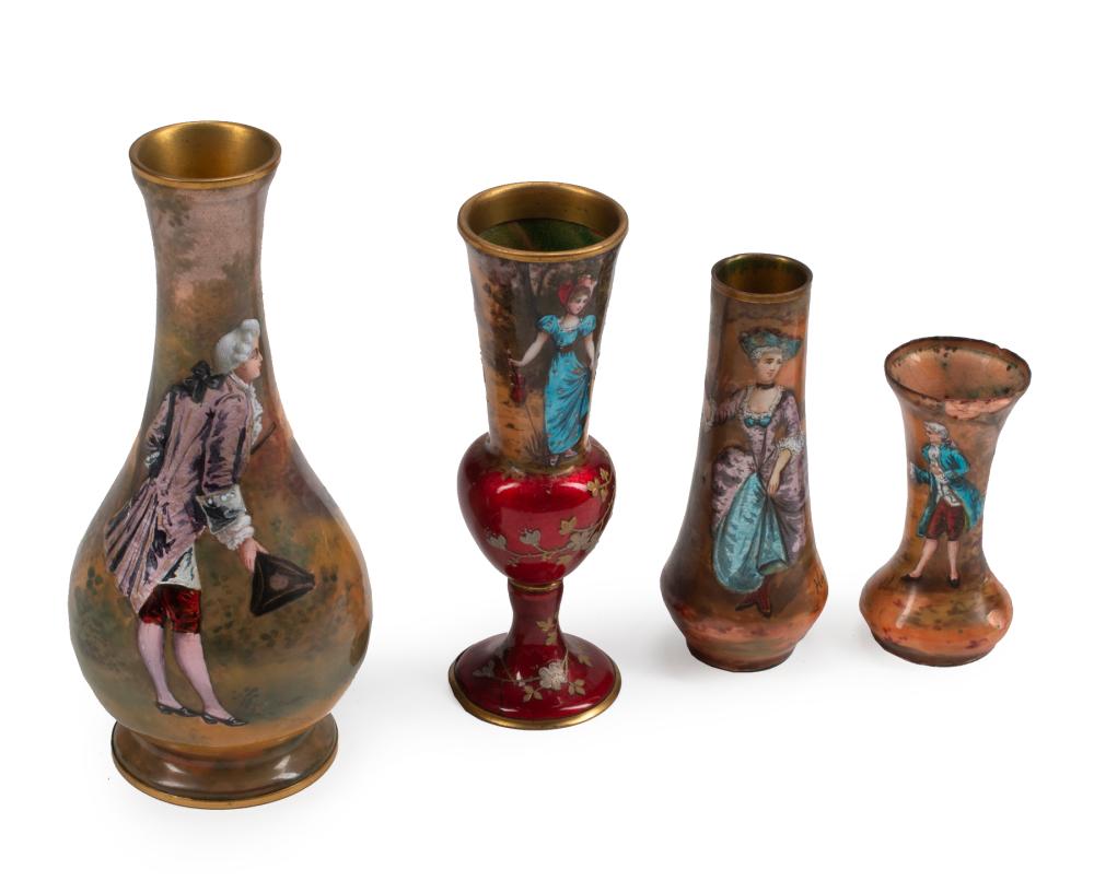 Appraisal: Four French Enameled Copper Vases th c depicting court figures