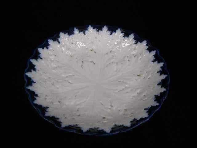 Appraisal: Victorian Ironstone Serving Bowl raised leaf decor cobalt trim ''