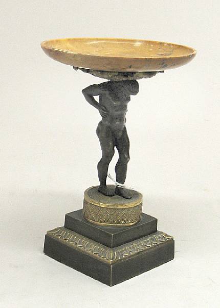 Appraisal: A Continental patinated bronze and Siena marble figural tazza th