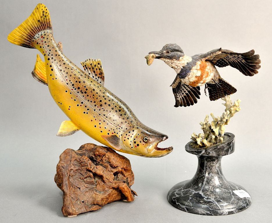 Appraisal: Two carved and painted pieces including Gallagher carved trout decoy