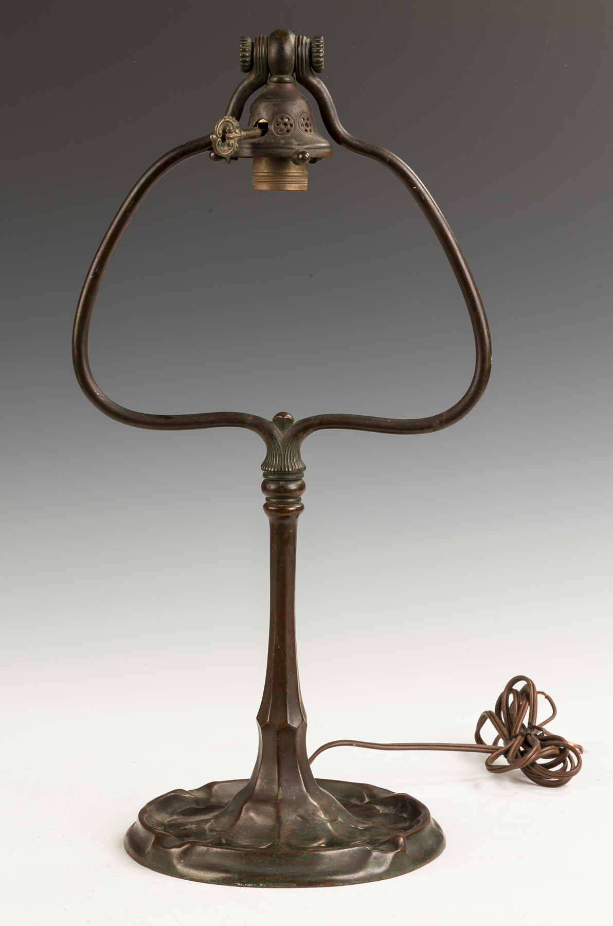 Appraisal: Tiffany Studios Bronze Harp Shaped Table Lamp Base Signed Tiffany