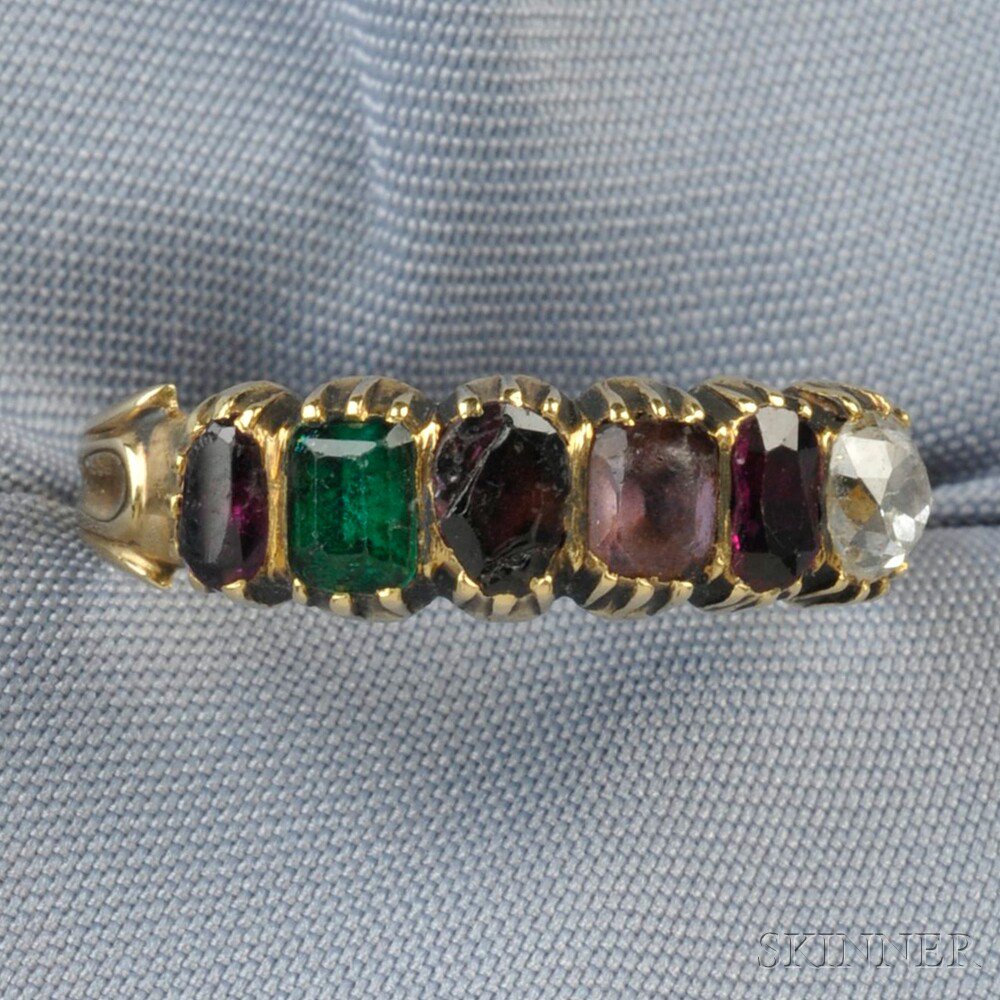 Appraisal: Antique Gold Gem-set Regard Ring dated with bezel-set foil-back colored