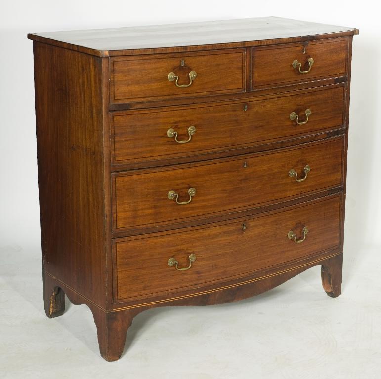 Appraisal: REGENCY BOW-FRONTED INLAID MAHOGANY CHEST OF DRAWERS with two short