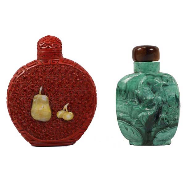 Appraisal: Cinnabar snuff bottle with MOP fruit inlay along with a