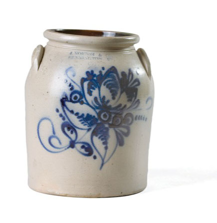 Appraisal: STONEWARE CROCK WITH APPLIED HANDLES Stamped J Norton Co Bennington