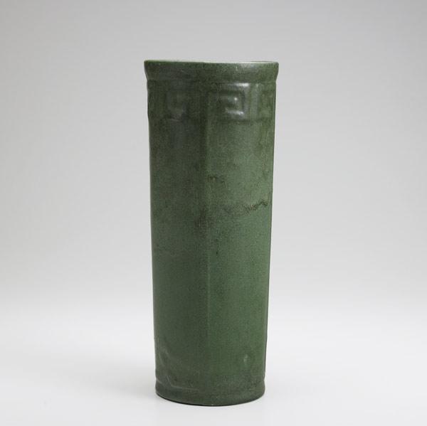 Appraisal: ZANESVILLE STONEWARE Tall matte green vase with Greek key border