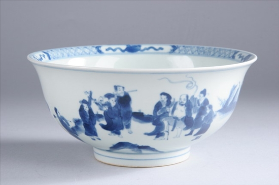 Appraisal: CHINESE BLUE AND WHITE PORCELAIN BOWL Early Qing Dynasty Figural