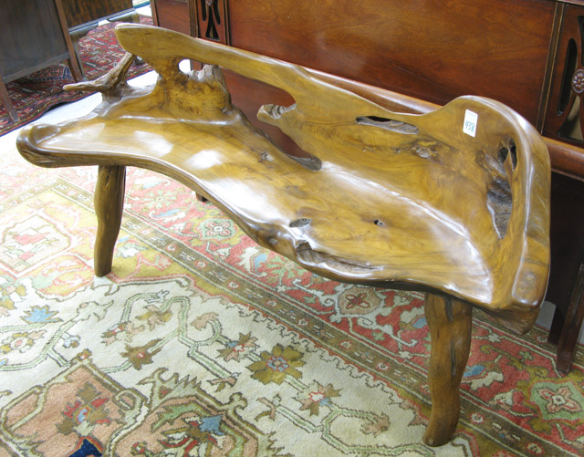 Appraisal: BURL TEAK ROOT BENCH hand crafted with one-piece back and