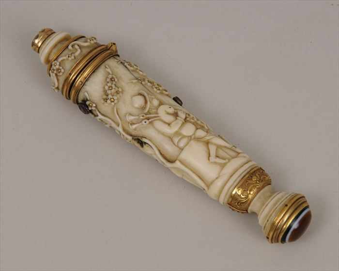 Appraisal: CONTINENTAL GILT-METAL AND HARDSTONE-MOUNTED CARVED IVORY ETUI CASE Now fitted