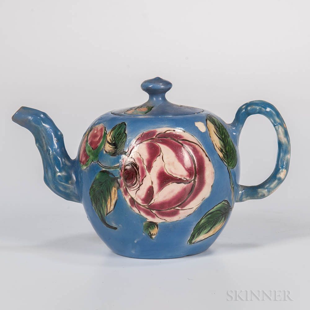 Appraisal: Staffordshire Salt-glazed Stoneware Enameled Teapot and Cover Staffordshire Salt-glazed Stoneware