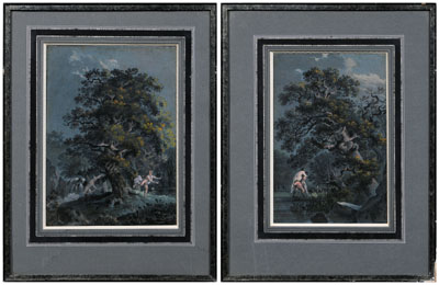 Appraisal: Pair French School gouaches nocturnal mythological scenes satyr running with