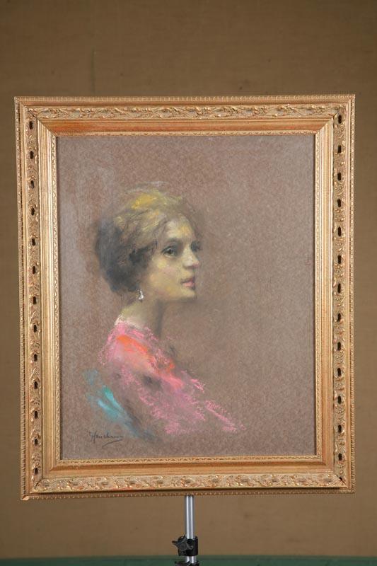 Appraisal: FRAMED PASTEL Portrait of a woman in a pink dress