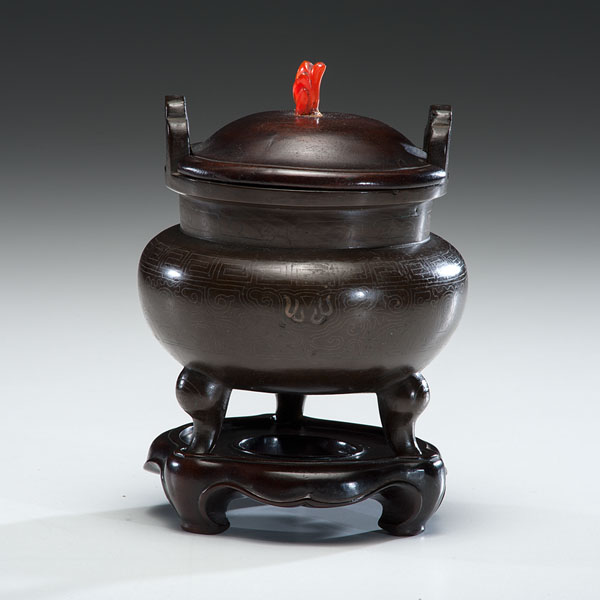 Appraisal: Chinese early th century A double-handled tripod bronze censer with