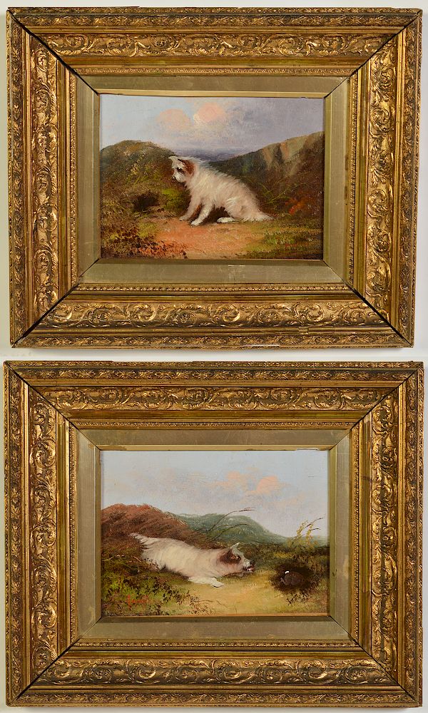 Appraisal: Oil Paintings of Dog Chasing Rabbit O C Illegibly signed