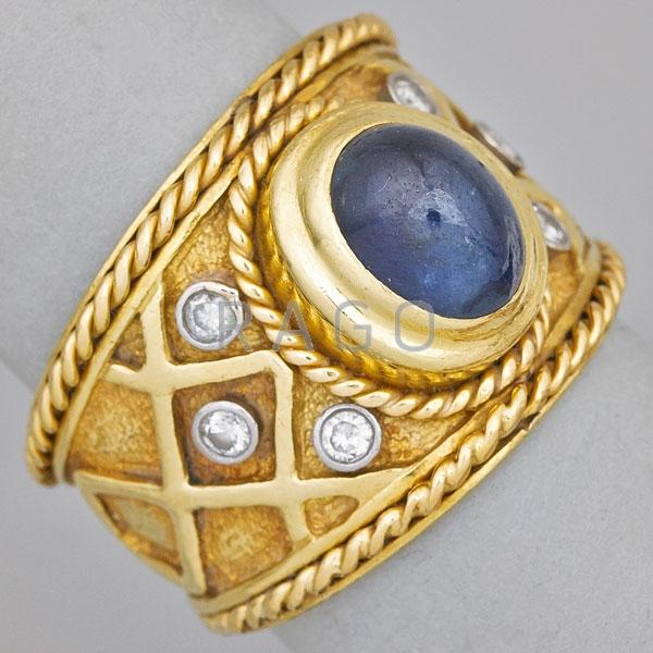 Appraisal: DIAMOND CABOCHON SAPPHIRE K GOLD LATTICE RING Condition Report