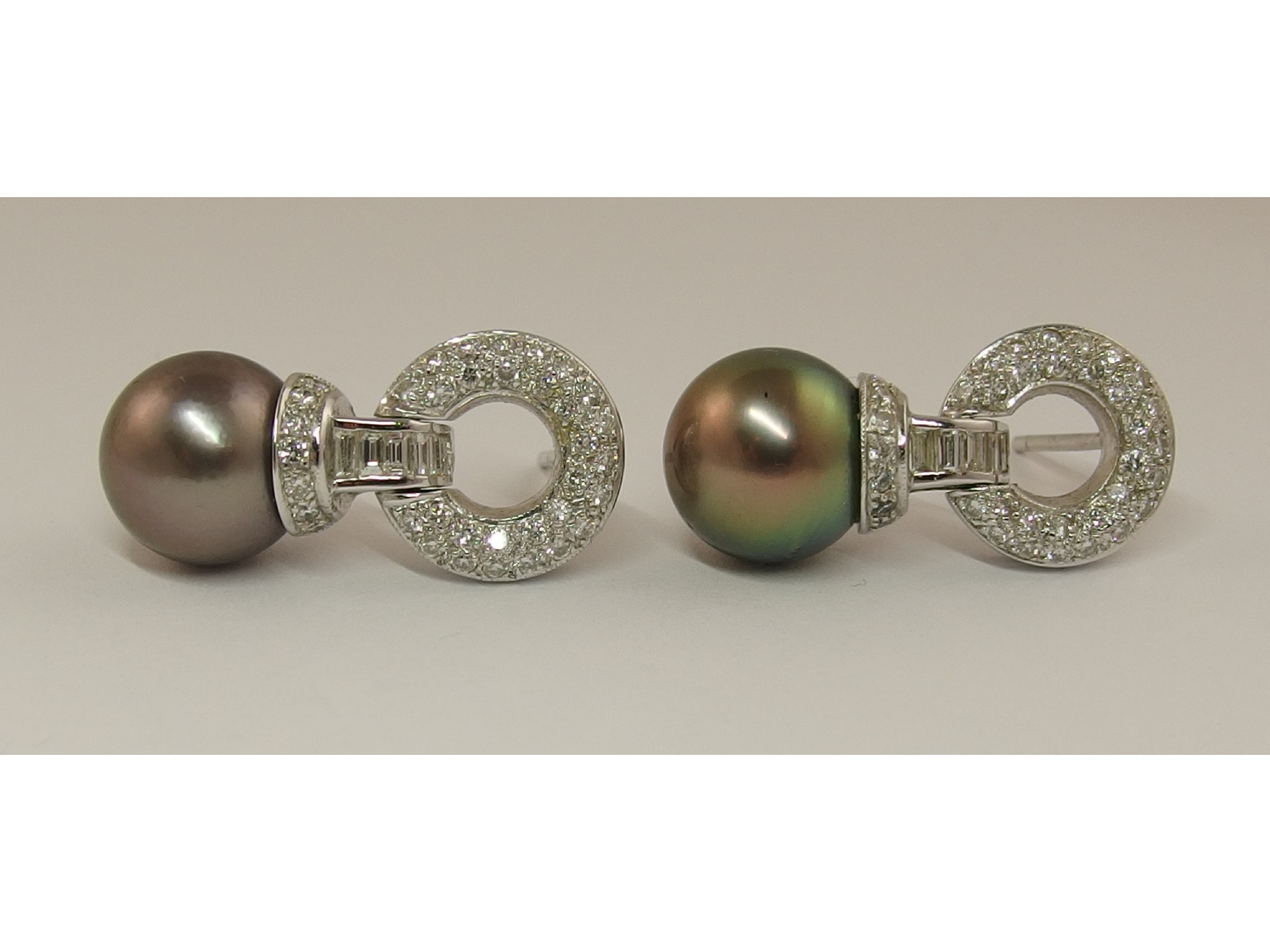 Appraisal: A pair of ct white gold and diamond Southsea pearl