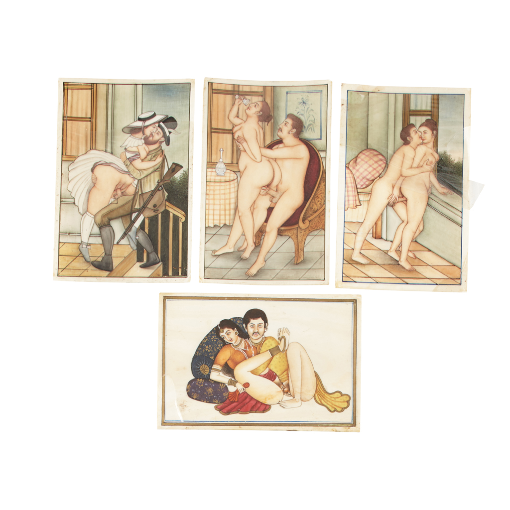 Appraisal: YRARE SET OF THREE INDIAN SCHOOL IVORY 'EROTIC' PAINTINGS TH