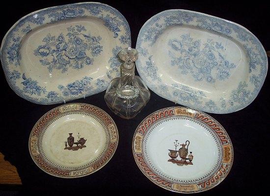 Appraisal: Four Staffordshire transfer printed plates and a glass decanter