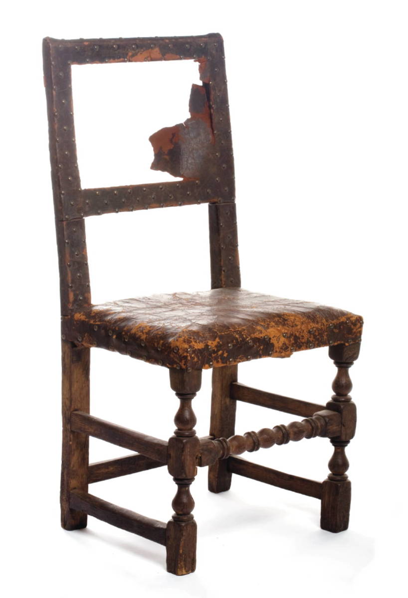 Appraisal: ENGLISH PILGRIM CENTURY OAK BACKSTOOL WITH TACKED LEATHER SEAT The