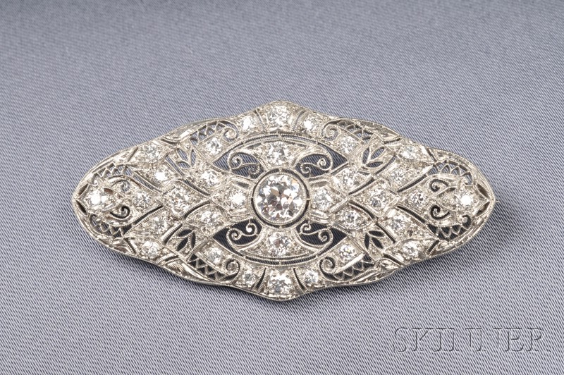 Appraisal: Art Deco Platinum and Diamond Plaque Brooch set throughout with