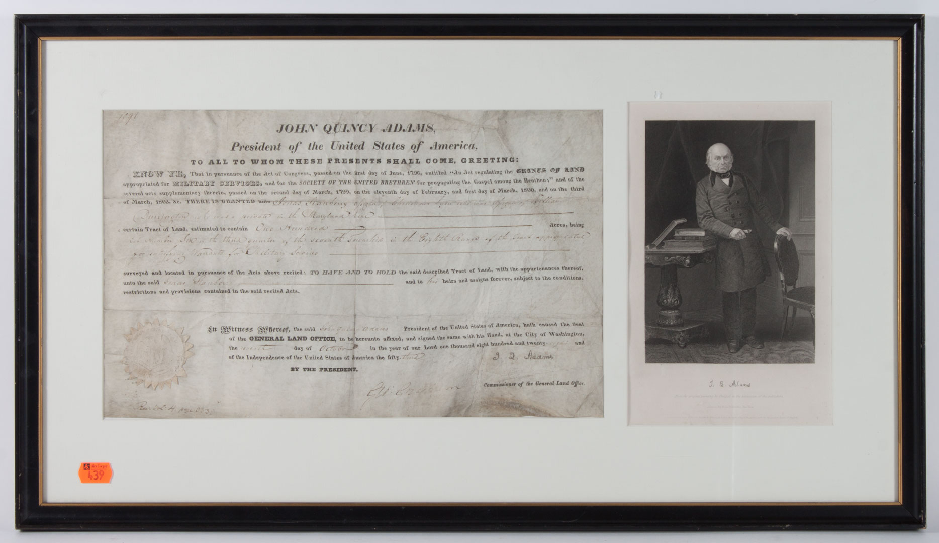 Appraisal: Presidential Autograph John Quincy Adams signed part-printed land grant dated