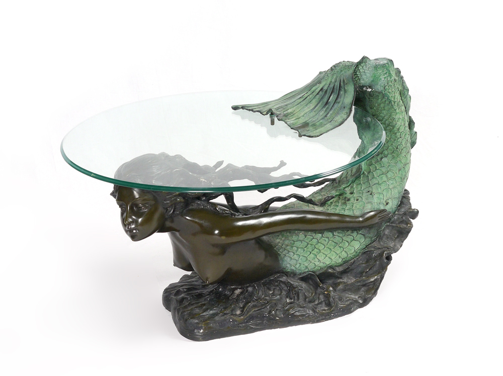 Appraisal: PATINATED BRONZE FIGURAL MERMAID COFFEE TABLE Figure of semi nude