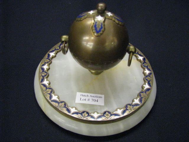 Appraisal: French Victorian Bronze Inkwell enameled blue white trim onyx base