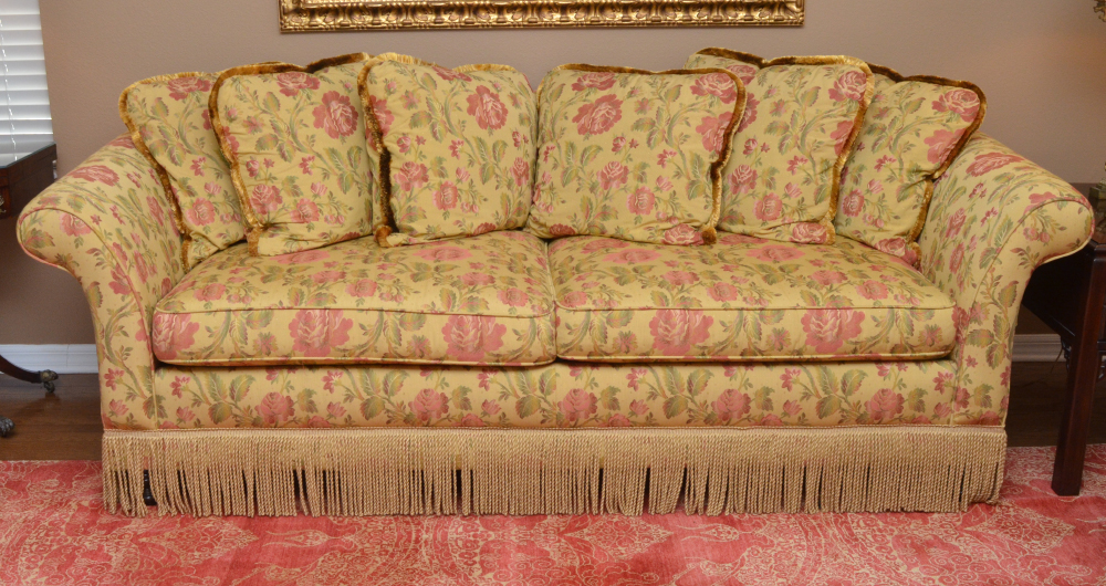 Appraisal: WESTWOOD FURNITURE UPHOLSTERED CAMEL BACK SOFA Rose motif on yellow