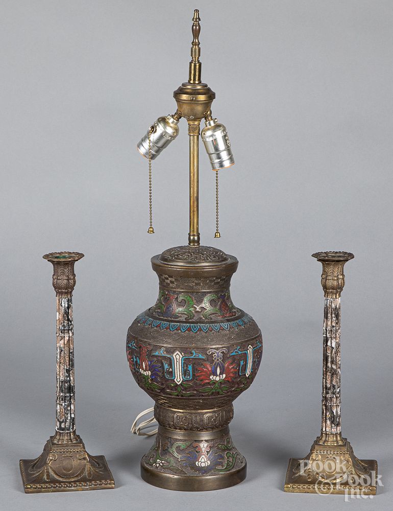 Appraisal: Chinese cloisonn table lamp and candlesticks Chinese cloisonn table lamp