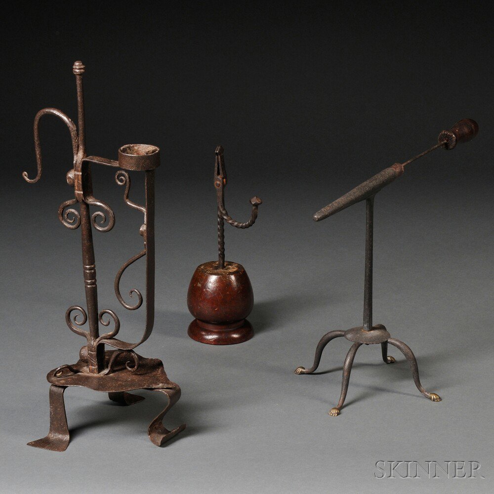 Appraisal: Wrought Iron Goffering Iron Rush Light and Torch Stand America