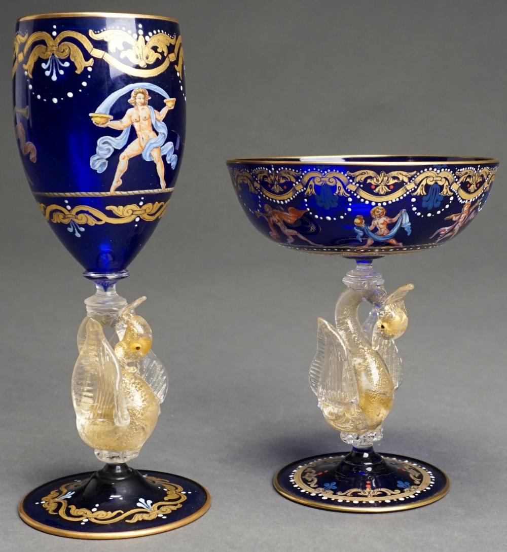 Appraisal: Venetian Possibly Murano Speckled Gilt Swan-Form Stem Cobalt and Gilt