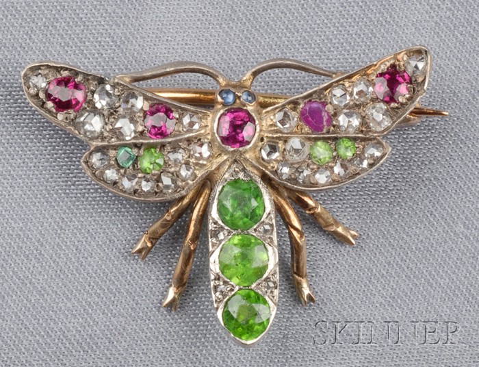 Appraisal: Antique Demantoid Garnet Ruby and Diamond Insect Brooch set with