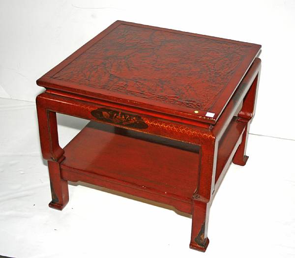 Appraisal: A Chinese style scarlet lacquered center table height in width