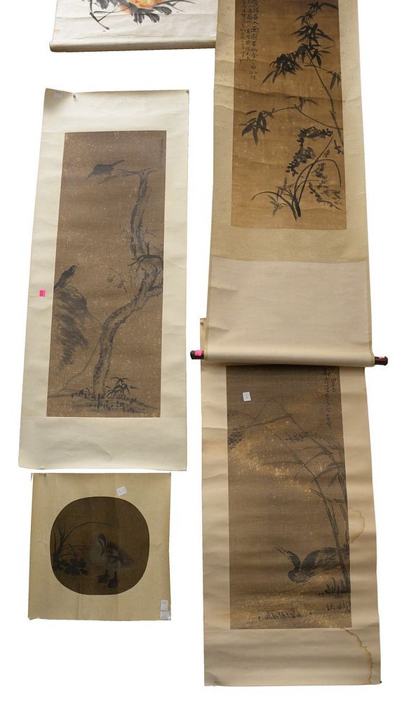 Appraisal: Group of seven Oriental scrolls to include two small silk