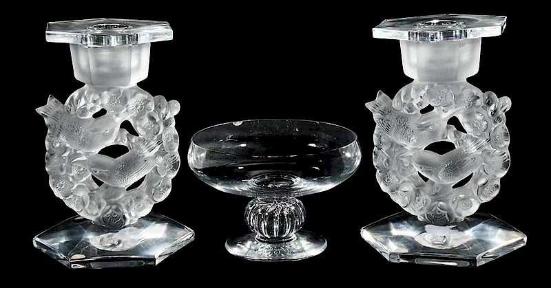 Appraisal: Three Pieces Lalique Glass pair Mesanges candlestick in footed bowl