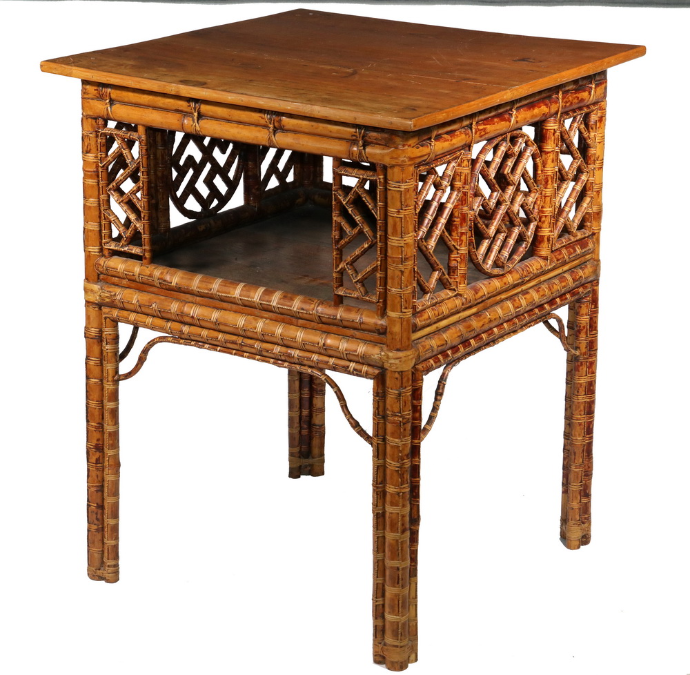 Appraisal: CHINESE STYLE FANCY BAMBOO TABLE s Vintage Rattan Wrapped Bamboo