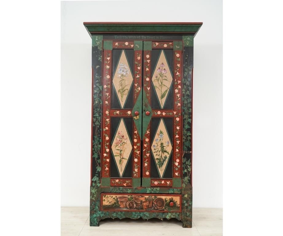 Appraisal: Pine cupboard th c decorated with flowers vines and butterflies