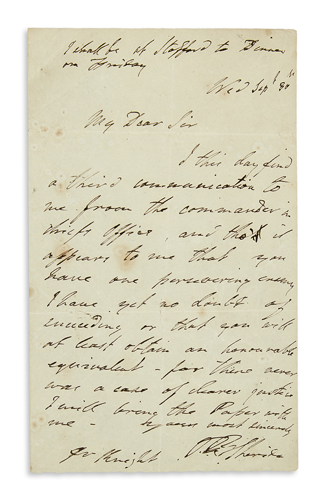 Appraisal: TO HIS SECOND CONCERNING A DUEL SHERIDAN RICHARD BRINSLEY Autograph