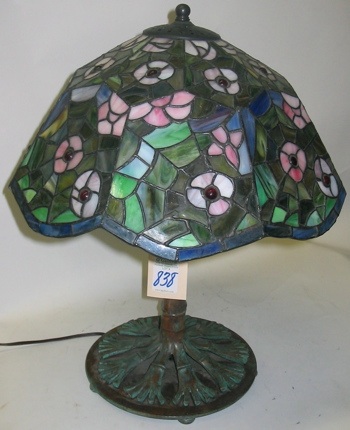 Appraisal: SPIDER WEB STAINED AND LEADED GLASS TABLE LAMP the hand