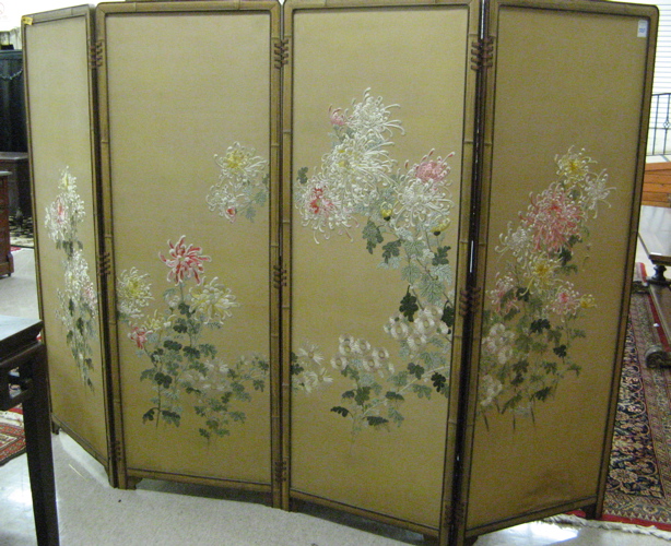 Appraisal: FOUR PANEL FLORAL EMBROIDERY FLOOR SCREEN Japanese early th century