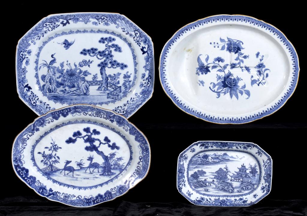 Appraisal: FOUR EXPORT PORCELAIN DISHES AND STANDS of octagonal or shaped