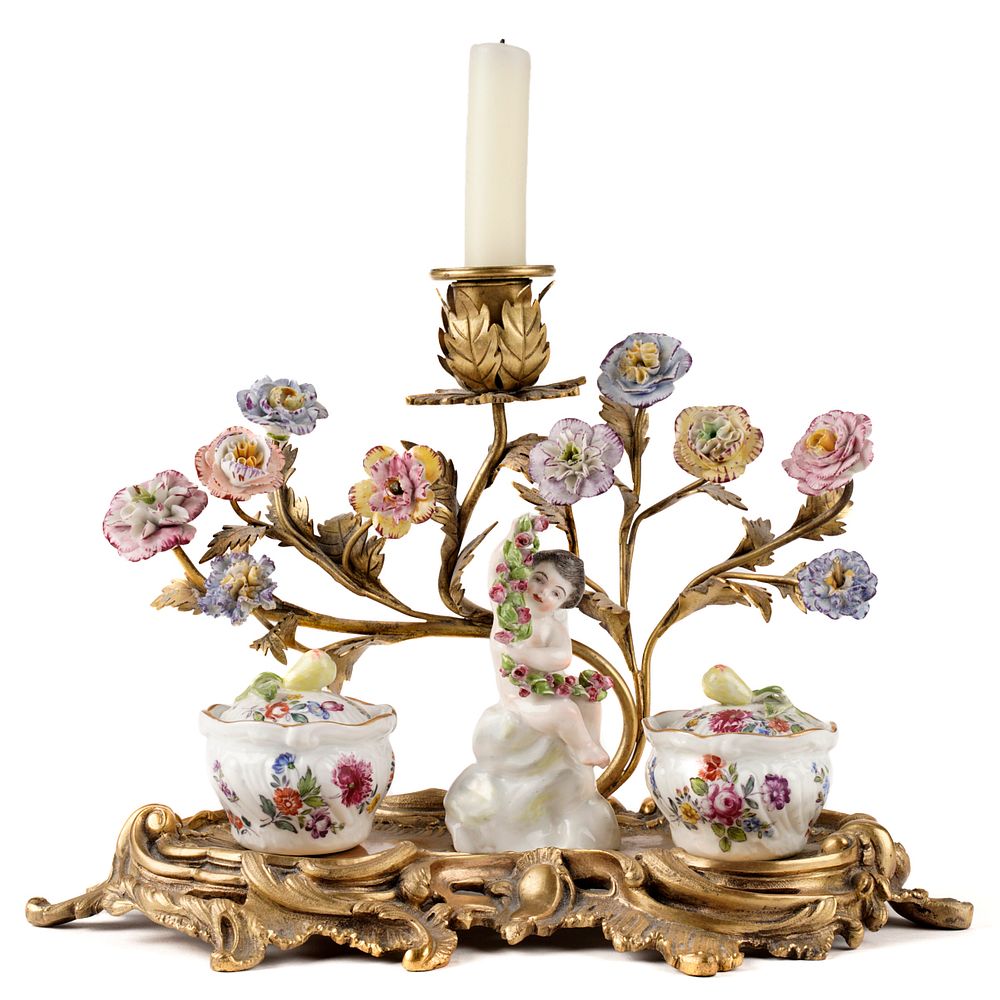 Appraisal: Rococo Style Gilt Bronze Candelabra w Porcelain Cherub Rococo style