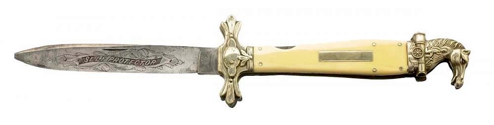 Appraisal: Large English Folding Self Protector Horse Head Bowie Knife by