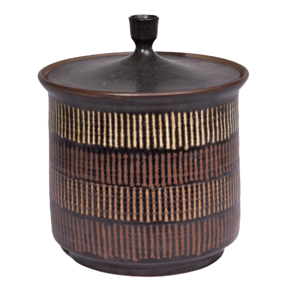 Appraisal: CLYDE BURT AMERICAN - CERAMIC POT AND LIDStriated vertical design