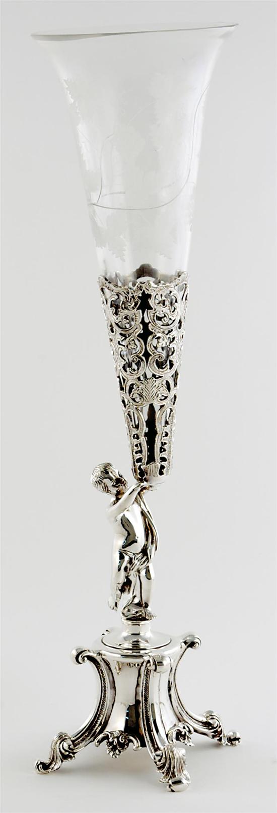 Appraisal: Crystal and silverplate centerpiece etched crystal vase in filigree holder