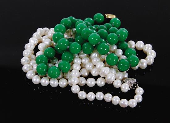 Appraisal: Jade and pearl necklaces mm jade beads gold-plated clasp L