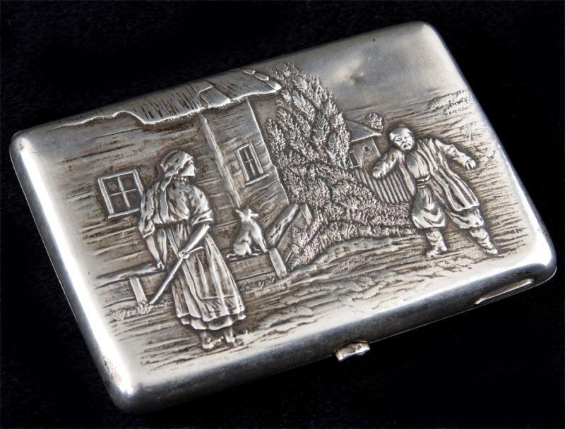 Appraisal: Russian Silver Cigarette Case the hinged cover with a scene